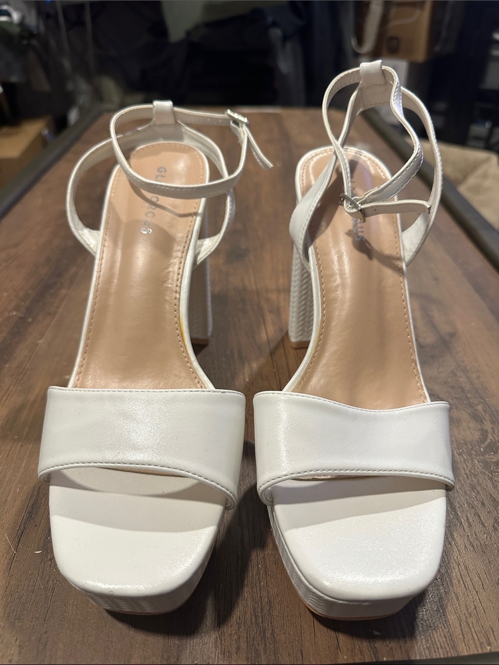 Glamorous White Ankle-Strap Block Heel Sandals